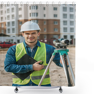 Personality  Surveyor Holding Clipboard And Digital Level And Smiling At Camera On Construction Site Shower Curtains