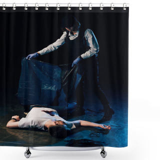 Personality  Full Length View Of Investigator Covering Dead Body At Crime Scene Shower Curtains