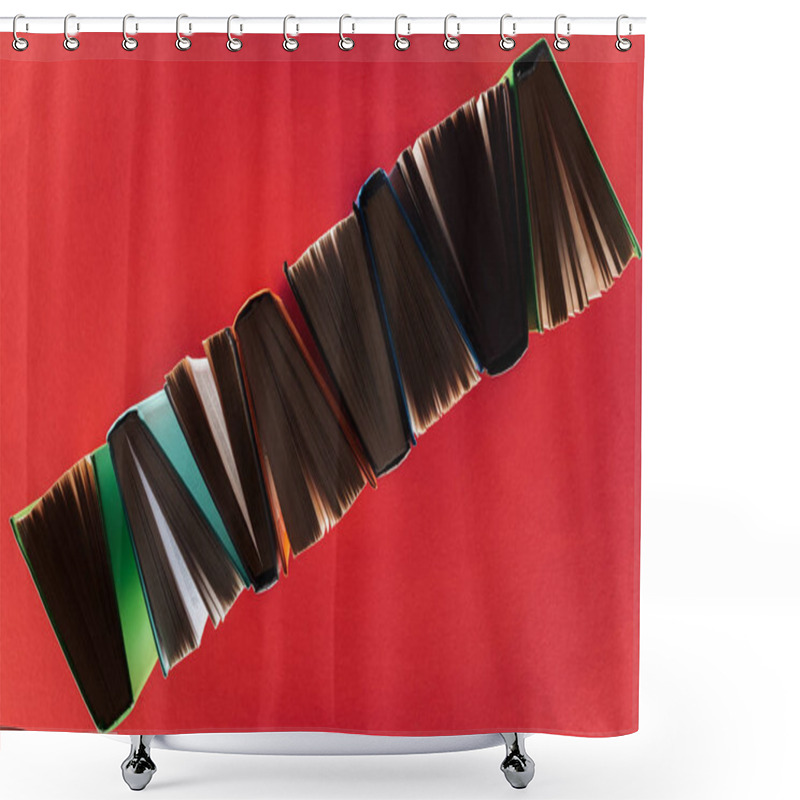 Personality  Top View Of Hardcover Books On Red Surface Shower Curtains