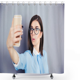 Personality  Surprised Businesswoman Making Selfie Photo Shower Curtains