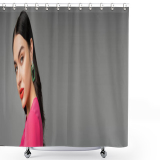 Personality  Charming Young Woman With Brunette Hair, Trendy Earrings, Red Lips And Stylish Magenta Dress Looking At Camera And Posing On Grey Background, Banner  Shower Curtains