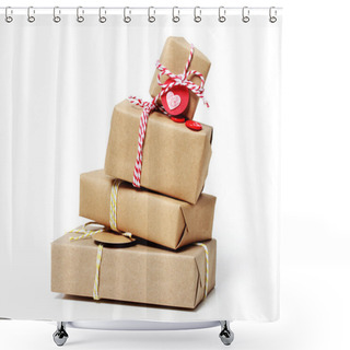 Personality  Stack Of Gift Boxes On White Background Shower Curtains