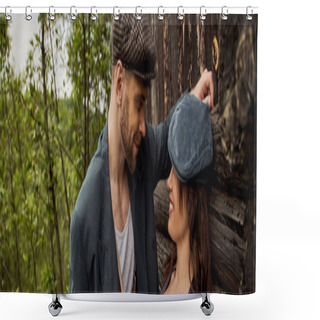 Personality  Smiling And Fashionable Man In Jacket And Newsboy Cap Looking At Cheerful Girlfriend While Standing Together Near Rustic House At Nature, Stylish Couple In Rural Setting, Banner  Shower Curtains