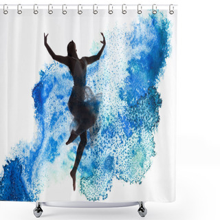 Personality  Graceful Ballerina Dancing In Blue Paint Splashes And Spills Isolated On White Shower Curtains