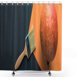 Personality  Panoramic Shot Of Pumpkin Near Paintbrush On Black And Orange Background Shower Curtains
