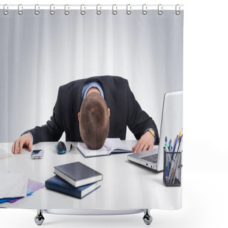 Personality  Office,technology, Finances, Internet, Business, Success And People Concept-Exhausted Businessman Falling Asleep At His Office Desk Shower Curtains