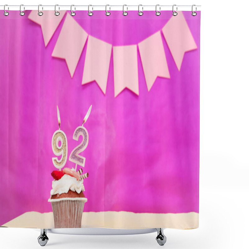 Personality  Background Date Of Birth With Number  92. Pink Background With A Cake And Burning Candles, Save Space, Happy Birthday Anniversary For A Girl. Holiday Pudding Muffin. Shower Curtains