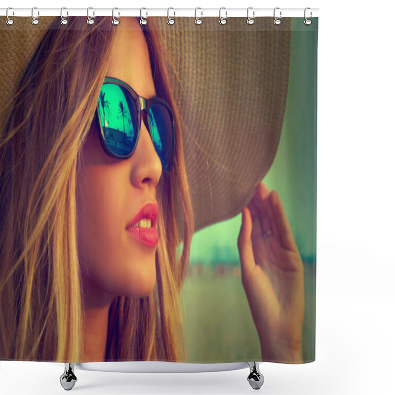 Personality  Blond teen girl sunglasses and pamela sun hat shower curtains