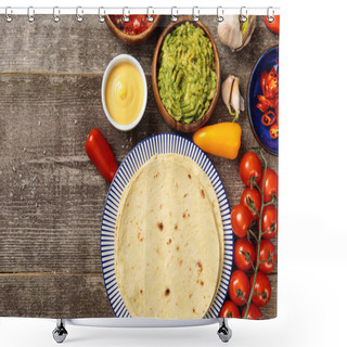 Personality  Top View Of Mexican Tortilla With Guacamole, Cheese Sauce And Salsa On Weathered Wooden Table With Copy Space Shower Curtains