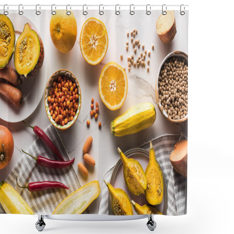 Personality  Top View Of Orange Autumn Fruits And Vegetables On Marble Surface With Berries And Chickpea Shower Curtains