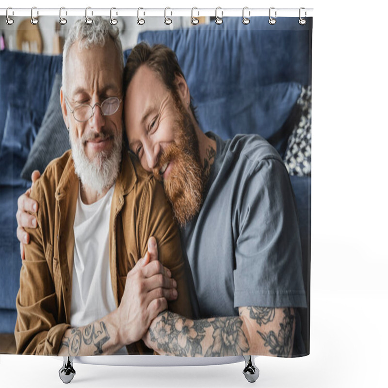 Personality  Portrait Of Smiling Homosexual Man Hugging Mature Partner At Home  Shower Curtains