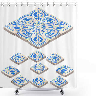 Personality  Set Of Floor Tile With Ornament Blue Color In The Style Of The Frosty Patterns Isolated On White Background. Vector Cartoon Close-up Illustration. Shower Curtains
