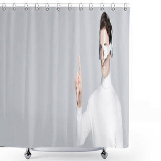 Personality  Cyborg In Headphones Pointing With Finger Isolated On Grey, Banner Shower Curtains