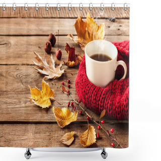 Personality  Hot Coffee And Autumn Leaves On Vintage Wood Background Shower Curtains