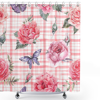 Personality  Watercolor Rustic Pink Checkered Floral Seamless Pattern With Roses Hand Drawn Stripe Texture Shower Curtains