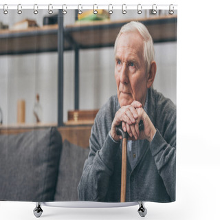 Personality  Sad Retired Man With Grey Hair Holding Walking Cane In Living Room  Shower Curtains