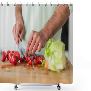 Personality  Cropped View Of Man Cutting Cherry Tomatoes Near Fresh Lettuce In Kitchen Shower Curtains