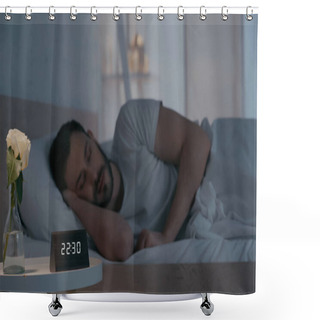 Personality  Clock And Flower In Vase Near Blurred Man Sleeping At Home  Shower Curtains