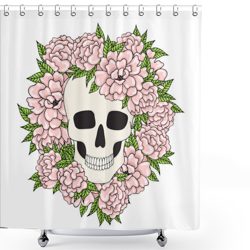 Personality  Skull With Pink Flowers On A White Background. Shower Curtains