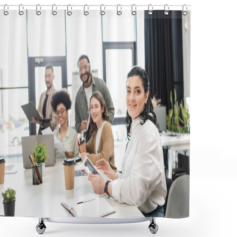Personality  Happy Businesswoman Holding Tablet And Looking At Camera Near Multicultural Colleagues On Background Shower Curtains