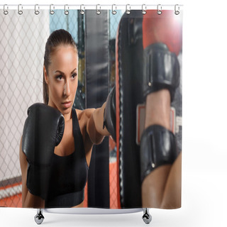 Personality  Female Fighter Trains In A Fighting Cage Shower Curtains