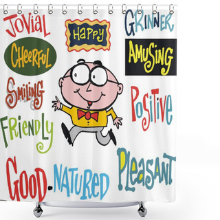 Personality  Vector Cartoon Of Happy Man With Colorful Signs. Shower Curtains