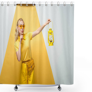 Personality  Attractive Blonde Woman In Sunglasses Gesturing And Holding Vintage Lamp On White And Yellow  Shower Curtains