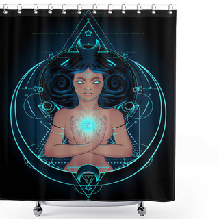 Personality  African American Magic Woman Holding All Seeing Eye With Rays. Vector Illustration. Mysterious Black Girl Over Sacred Geometry Symbols And Wings. Alchemy, Religion, Spirituality, Occultism Shower Curtains