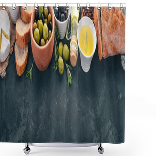 Personality  A Set Of Green Olives And Black Olives, Bread, Cheese And Spices. On A Black Stone Table. Free Space For Text. Shower Curtains