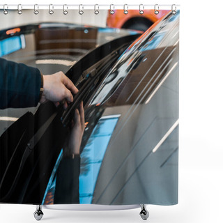 Personality  Partial View Of Businessman Adjusting Windshield Wipers Of Black Automobile  Shower Curtains