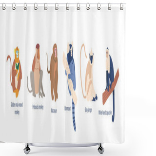 Personality  Set Of Wild Monkeys Or Apes Animals Golden Shub-nosed, Proboscis, White-faced Capuchin And Macaque. Marmoset, Orangutan And Gray Langur Isolated Fauna Creatures. Cartoon Vector Illustration Shower Curtains