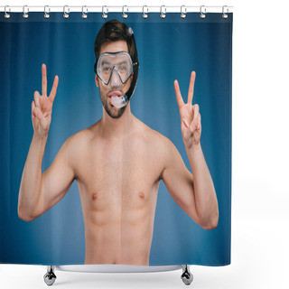 Personality  Young Man In Snorkel And Diving Mask Showing Victory Sign And Looking At Camera On Blue Shower Curtains