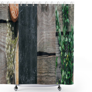 Personality  Collage Of Organic Bath Salt, Green Plant, Wooden And Stone Texture Shower Curtains