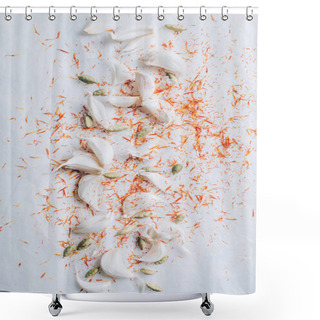Personality  Elevated View Of Scattered Garlic And Spices On White Table Shower Curtains