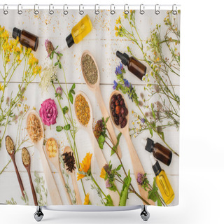 Personality  Top View Of Herbs In Spoons Near Flowers And Bottles On White Wooden Background, Naturopathy Concept Shower Curtains