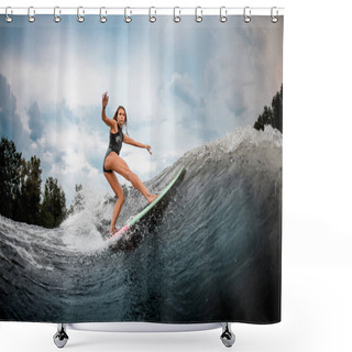 Personality  Girl Wakesurfer Performs Stunts On A Board Shower Curtains