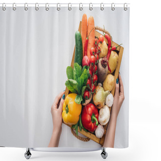Personality  Cropped Shot Of Person Holding Box With Fresh Ripe Organic Vegetables Isolated On White  Shower Curtains