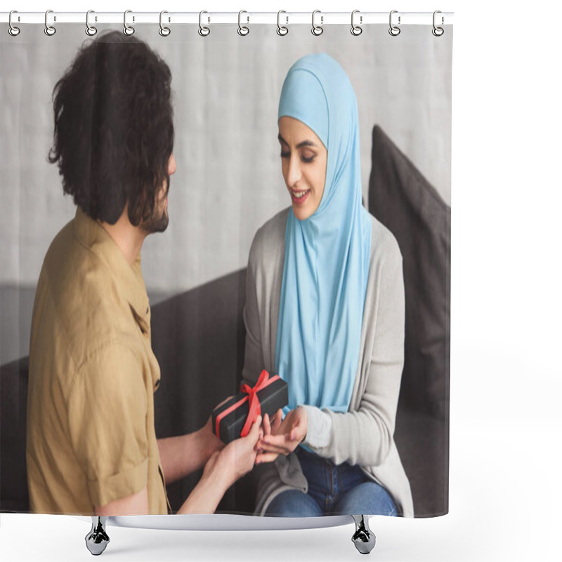 Personality  Muslim Boyfriend Presenting Gift Box To Girlfriend In Hijab In Living Room Shower Curtains