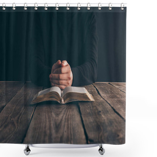 Personality  Cropped Image Of Nun Sitting At Table With Bible And Praying  Shower Curtains