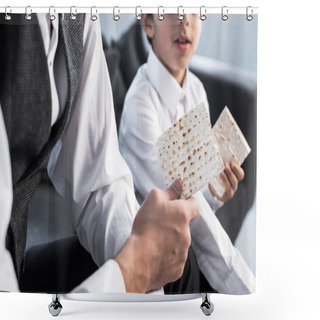 Personality  Cropped View Of Jewish Father And Son Holding Matza In Apartment  Shower Curtains