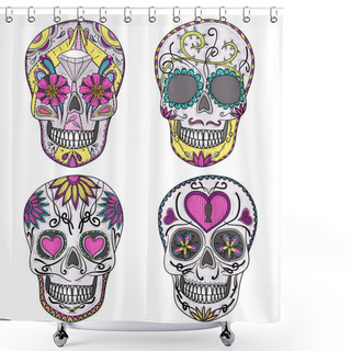 Personality  Mexican Skull Set. Colorful Skulls With Flower And Heart Shower Curtains