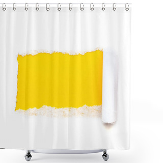 Personality  A Hole In White Paper With Torn Edges Isolated On A White Background With A Bright Yellow Color Paper Background Inside. Good Paper Texture. Shower Curtains