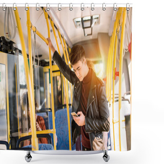 Personality  Man Using Smartphone In Bus Shower Curtains