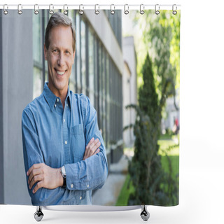 Personality  Cheerful Middle Aged Businessman Posing With Crossed Arms Near Office Building  Shower Curtains