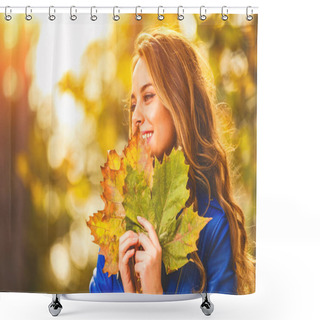Personality  Cute Smiley Woman Holding Autumn Leafs In The Nature. Shower Curtains