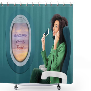 Personality  Smiling African American Woman Talking On Smartphone And Holding Passport With Air Ticket On Green Background With Porthole Shower Curtains