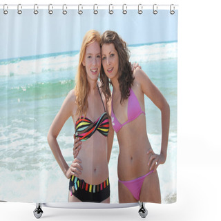 Personality  Two Young Women In Bikinis Posing In The Surf Shower Curtains