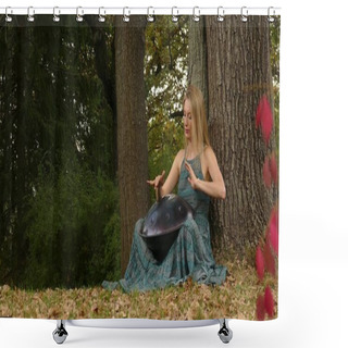 Personality  Beautiful Young Woman Plays A Hang In The Autumn Park Shower Curtains
