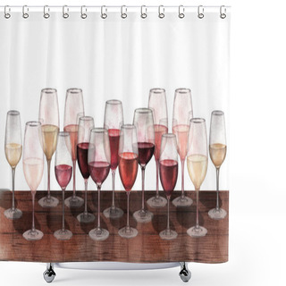 Personality  Watercolor Row Of Red, White And Rose Wine Glasses Isolated On White Background Shower Curtains