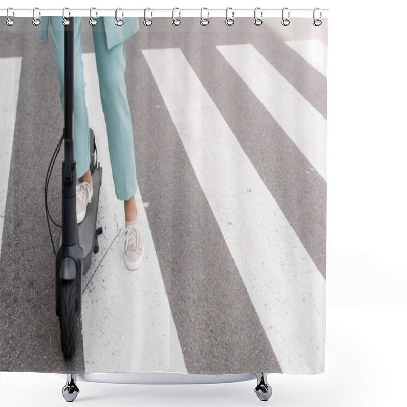 Personality  Cropped view of businesswoman standing on electric kick scooter  shower curtains